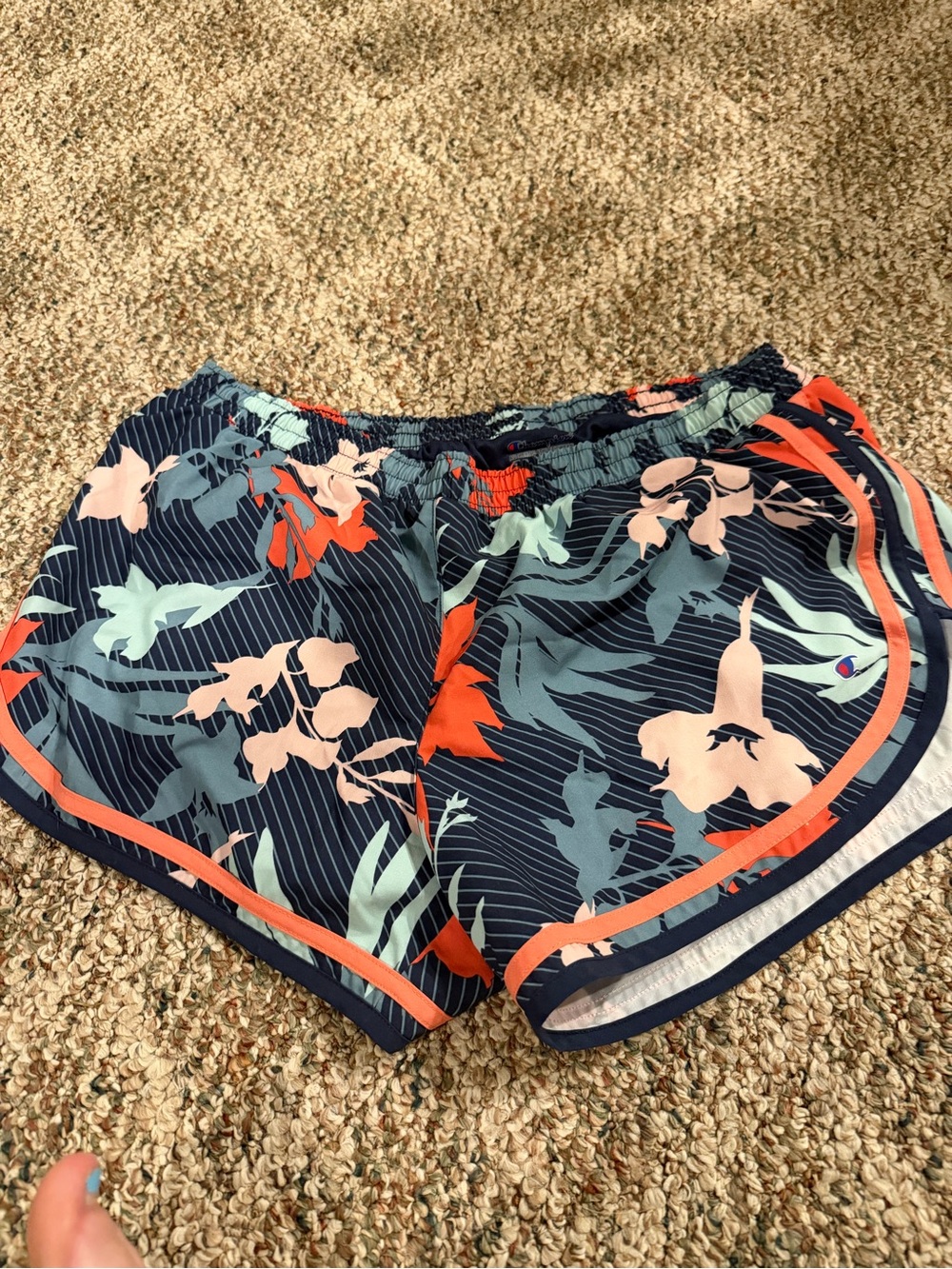 Champion Women's Navy Floral Athletic Shorts with Coral Trim